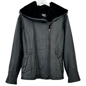 Vintage Wilsons Black Faux Fur Lined Genuine Leather Hooded Zip Up Jacket sz L